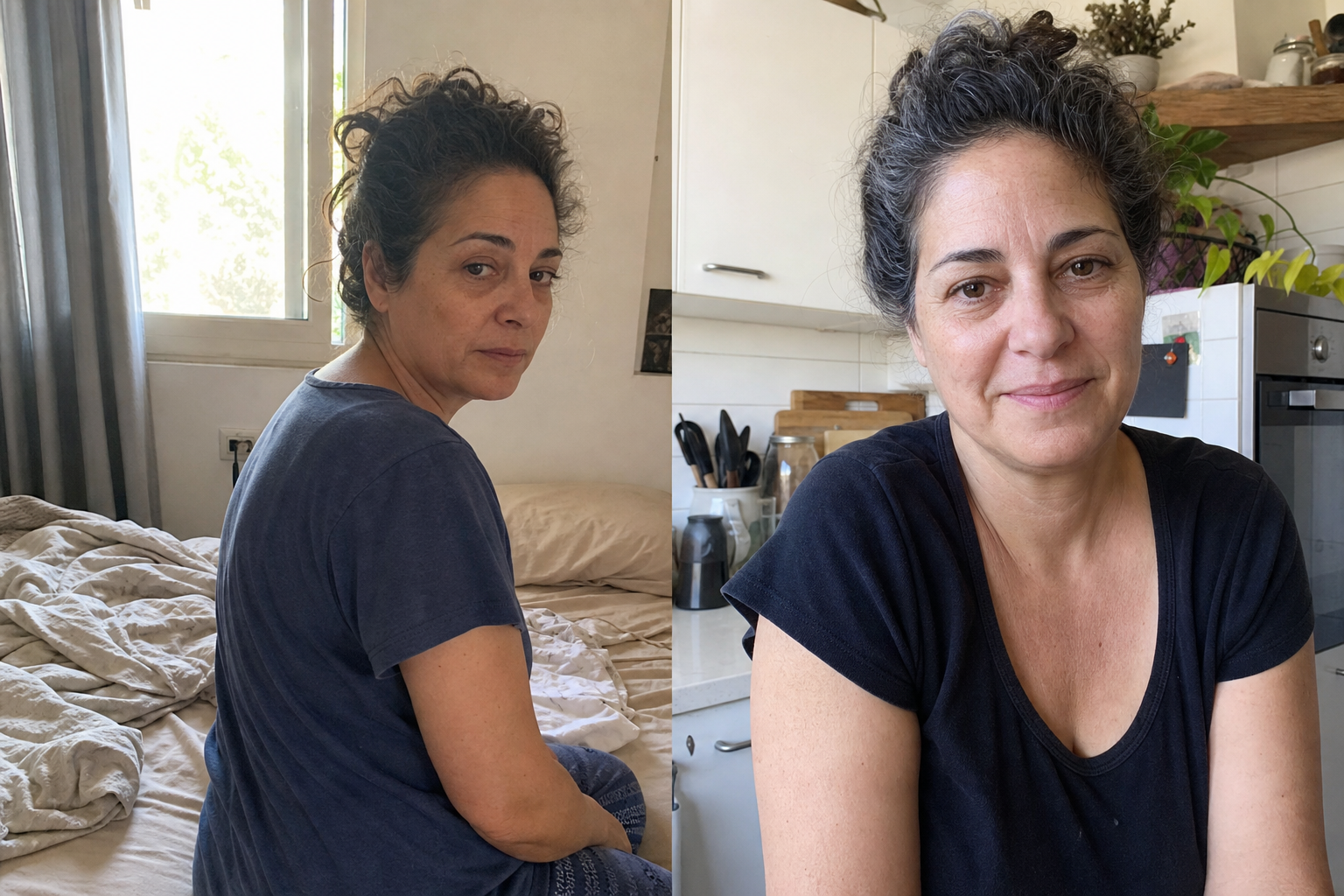 רונית יושבת על קצה המיטה בבוקר ומאוחר יותר מחייכת במטבח